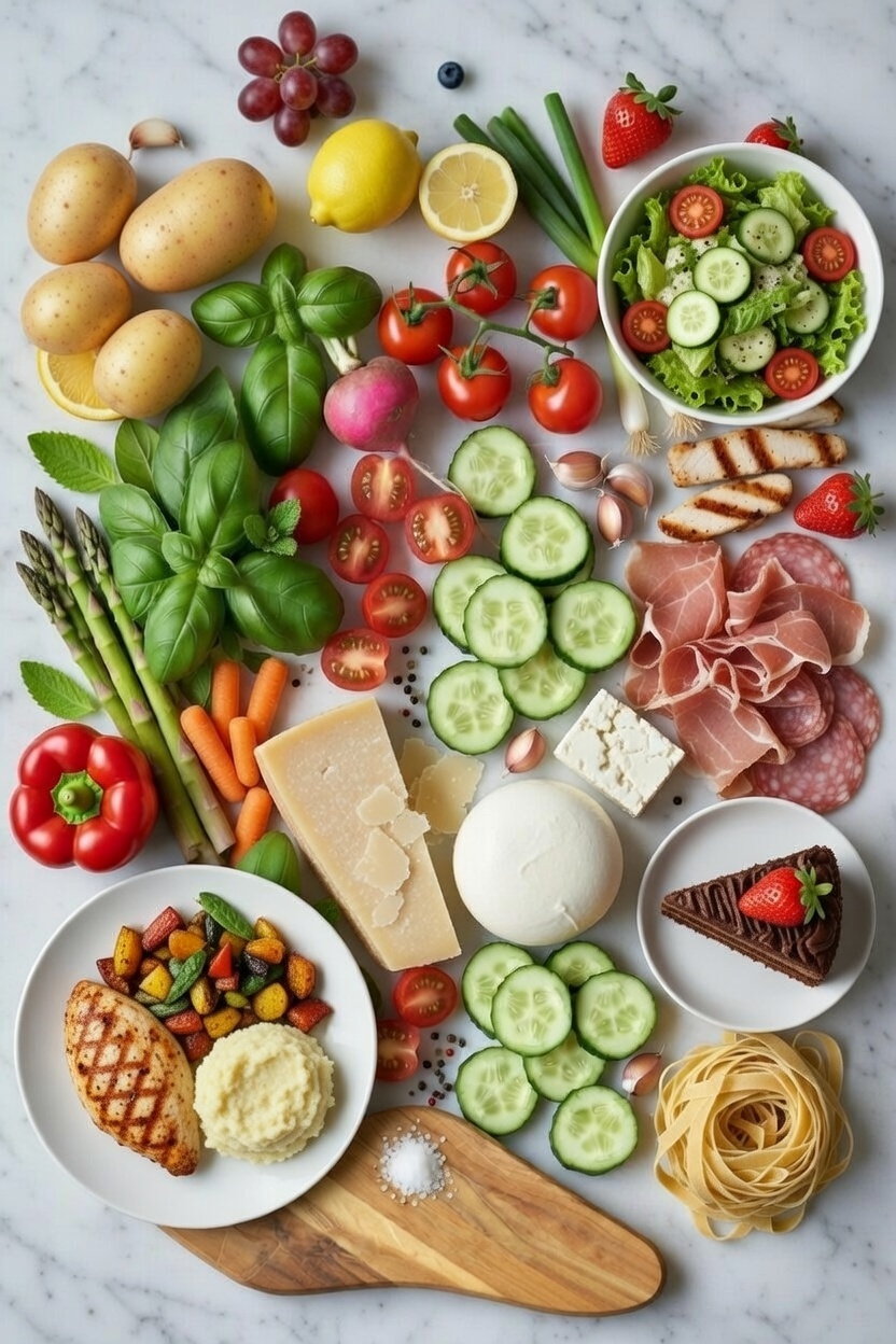 Fresh vegetables, pasta, herbs and ingredients ready for a week of home cooking