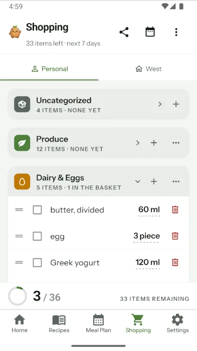 Taters grocery list grouped into produce and dairy sections with a progress counter