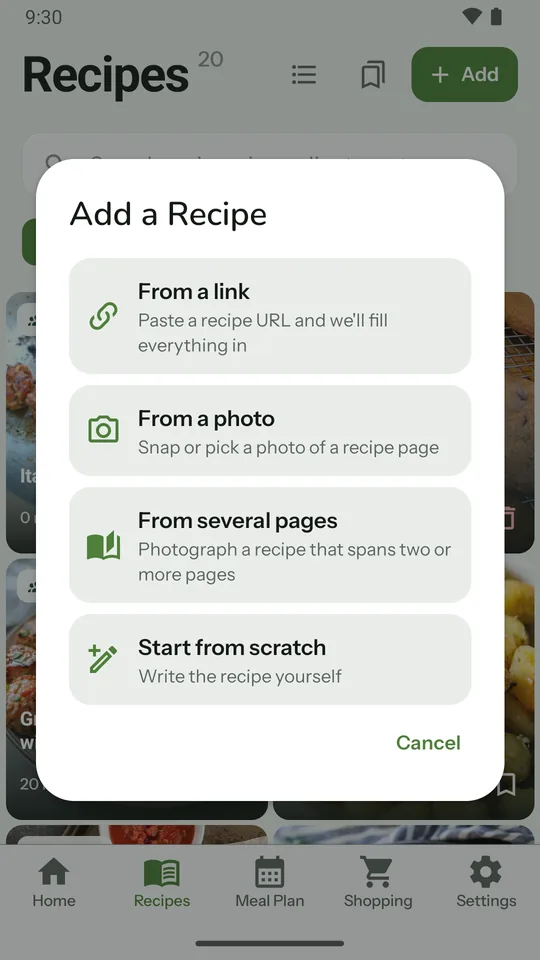 Taters Add a Recipe screen with options to import from a link, a photo, several pages, or start from scratch