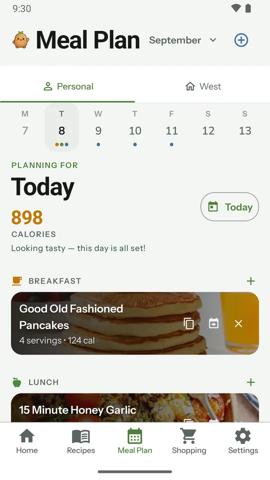 Taters meal plan showing a week strip, today's calories, and planned breakfast and lunch